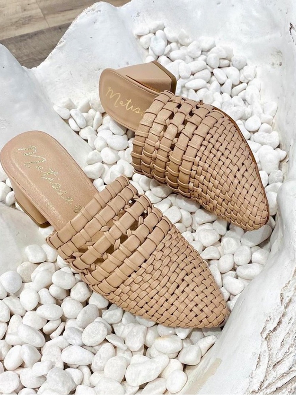 Matisse Tan Woven Pointed Toe Mule Heels